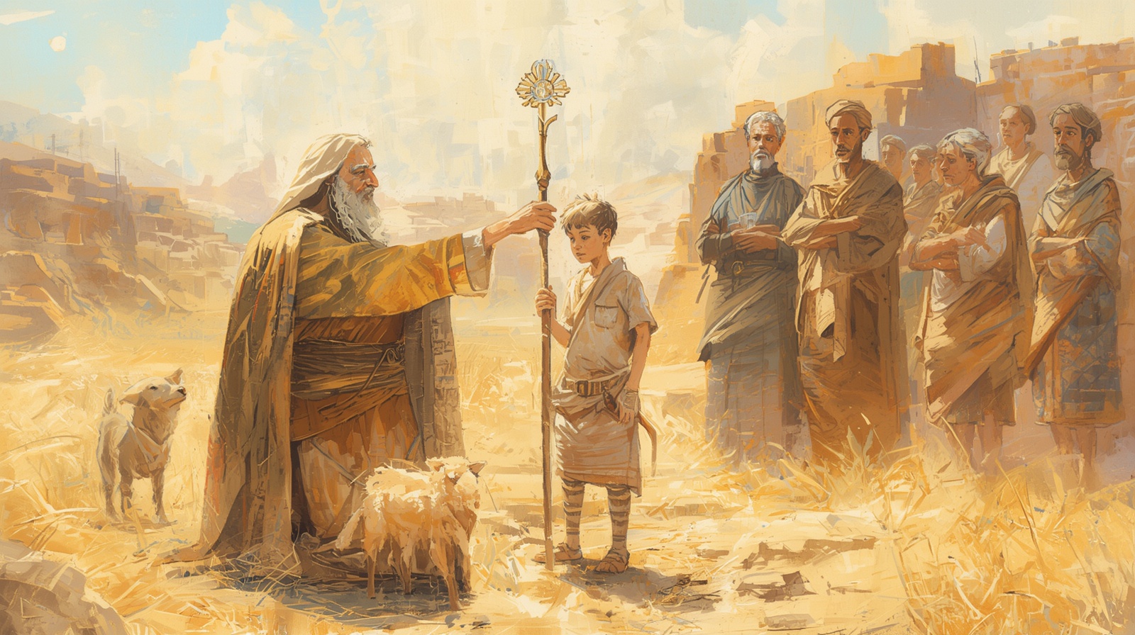 Samuel anointing young David in the field